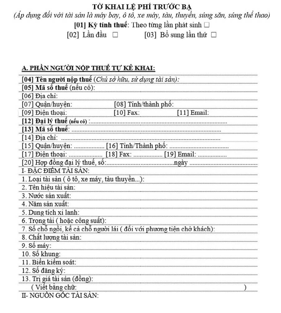 Mẫu tờ khai lệ phí trước bạ theo quy định 