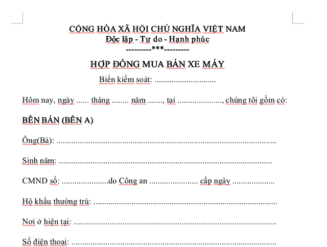 Mẫu hợp đồng mua bán xe máy đúng quy định pháp luật hiện nay 1 Hợp đồng mua bán xe máy